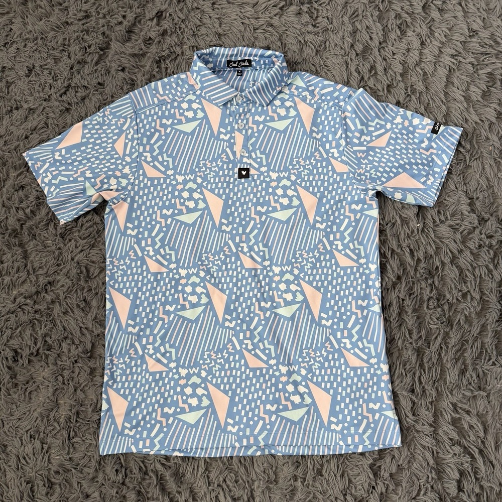 Bad Birdie Polo Shirt Mens Medium Blue Geometric Pastel Golf Performance Stretch
